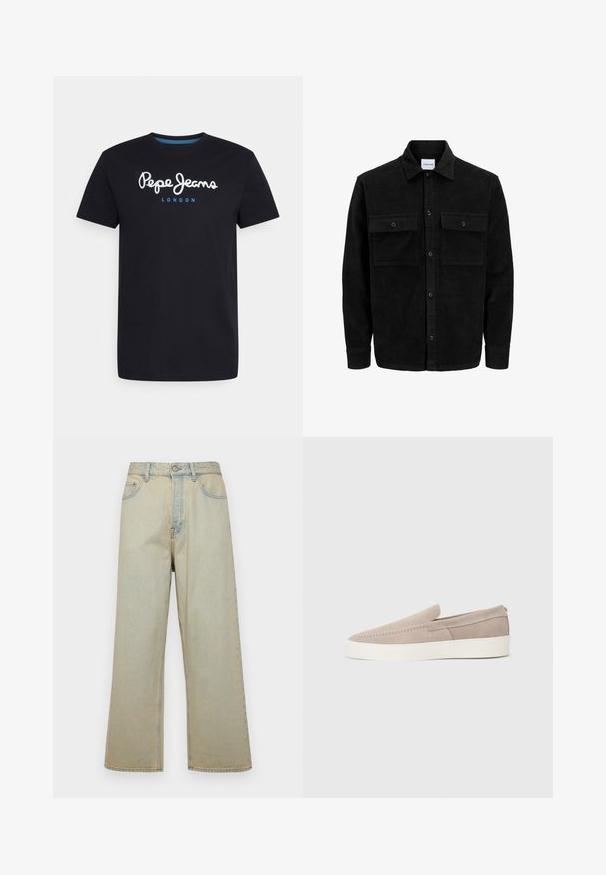 Čierna kordúrová bunda s gombíkmi, dvoma prednými vreckami so záklopkou a klasickým golierom, dlhými rukávmi a ryhovanou textúrou.; Čierne bavlnené tričko s bielym skriptovým logom "Pepe Jeans" s modrým akcentom, okrúhly výstrih a krátke rukávy. Jednoduchý, jednoliaty dizajn.; Svetlomodré široké džínsy vyrobené z denimu s vyblednutým povrchom. Obsahujú päť vreciek a predné zapínanie na gombík.; Béžové semišové obuv na slip-on s hladkým povrchom, zaoblenou špičkou a bielou gumovou podrážkou. Obsahuje jednoduché prešitie pozdĺž hornej časti.