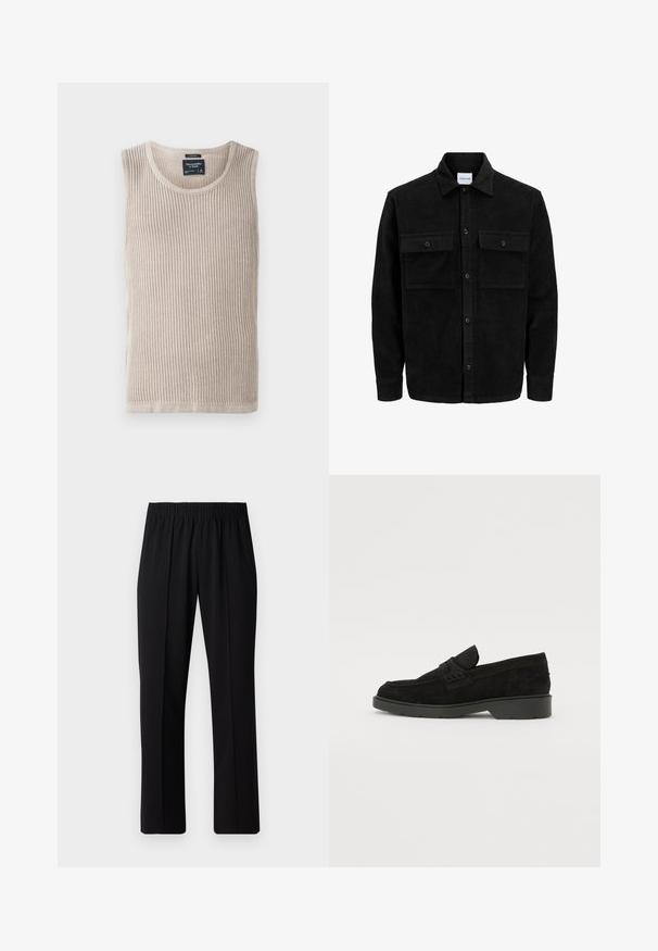 Zwarte corduroy knopenjack met twee voorste klepzakken en een klassieke kraag, lange mouwen en ribbelstructuur.; Beige geribbelde tanktop met een ronde halslijn, mouwloos ontwerp en een zachte textuur. Etiket gestikt in het halsgebied, schone zoom.; Zwarte, elastische broek met rechte pijpen, met een gladde textuur en zonder zichtbare patronen of hardware.; Zwarte suède instappers met een lage hak, voorzien van een eenvoudige band over de bovenkant en een gestructureerd detail langs de zijkanten.