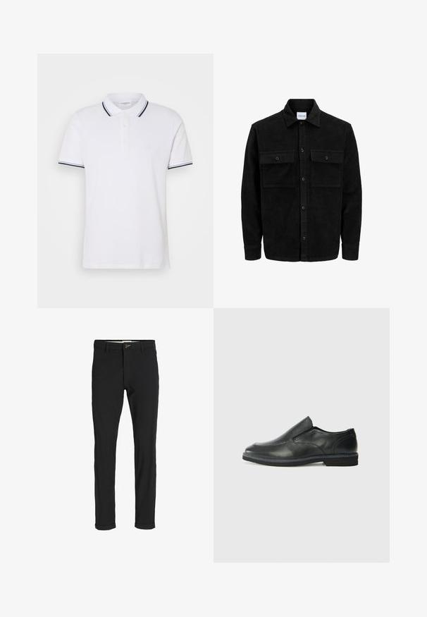 Zwarte corduroy knopenjack met twee voorste klepzakken en een klassieke kraag, lange mouwen en ribbelstructuur.; Witte poloshirt van katoen met een kraag, drieknoopsluiting en marineblauwe en witte gestreepte accenten op de mouwen.; Zwarte katoenen broek van een katoenmix met een slim fit, voorzien van een knoopsluiting, zakken en opgerolde mouwen voor een casual afwerking.; Zwarte leren instapper met een soepele bovenkant, gestikte accenten, ronde neus en een lage rubberen hak. De zool heeft minimale profiel.