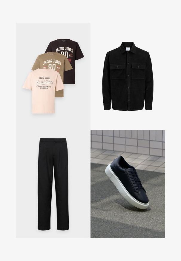 Melnas kordūru pogu jaka ar divām priekšējām atloka kabatām un klasisku apkakli, garām piedurknēm un ribotu tekstūru.; Trīs T-krekli, sakrāmēti viens uz otra: gaiši rozā ar melnu tekstu, olīvzaļa ar baltām un sarkanām grafikām, tumši brūns ar baltu tekstu. Kokvilnas materiāls.; Melnas bikses, izgatavotas no gludas auduma, ar taisnu kāju dizainu, divām priekšējām krokām un standarta jostu, kurai ir āķi.; Melnas ādas kedas ar noapaļotu pirkstu un baltu gumijas zoli. Iespējas - plakanas šņorītes un minimāla apdare augšdaļā. Struktūrēta zole, lai nodrošinātu saķeri.