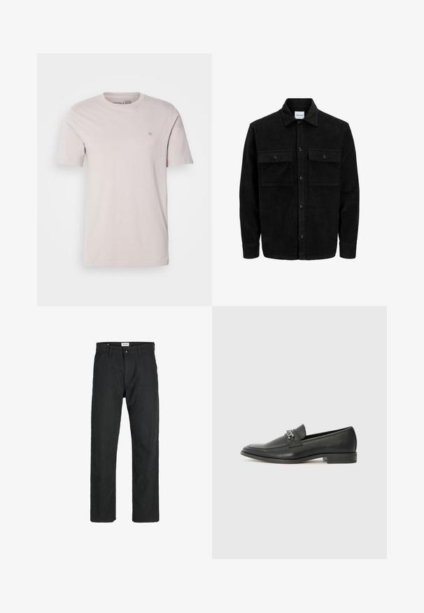Melnas kordūru pogu jaka ar divām priekšējām atloka kabatām un klasisku apkakli, garām piedurknēm un ribotu tekstūru.; Gai bēšas krāsas kokvilnas T-krekls ar apaļu kakla izgriezumu, īsām piedurknēm un mazu logotipa detaļu uz krūšu. Gluda tekstūra, brīvas formas.; Melnas bikses no izturīga auduma, ar taisna griezuma dizainu, izšūtām akcentiem un divām priekšējām kabatām funkcionālitātei.; Melna ādas loafer izmēra apavi ar gludu virsmu, piedāvā ar šūtu dizainu un dekoratīvu metāla ķēdes akcentu pār vampu. Plakana papēža daļa.