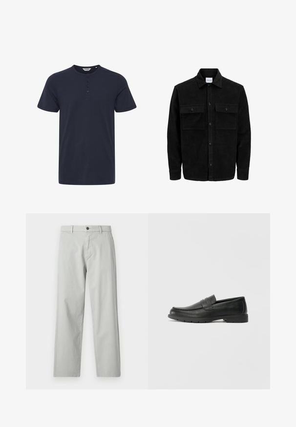 Black corduroy button-up jacket with two front flap pockets and a classic collar, long sleeves, and ribbed texture.; Navy blue short-sleeve t-shirt made of cotton, featuring a crew neckline and three-button placket. Smooth texture with no patterns.; Light gray, straight-leg pants made of a smooth, woven fabric. Features a front button closure and side pockets. Minimalist style.; Black leather loafers with a smooth finish, moccasin-style upper, stitched detailing, and a rubber sole. Classic design with a low heel.