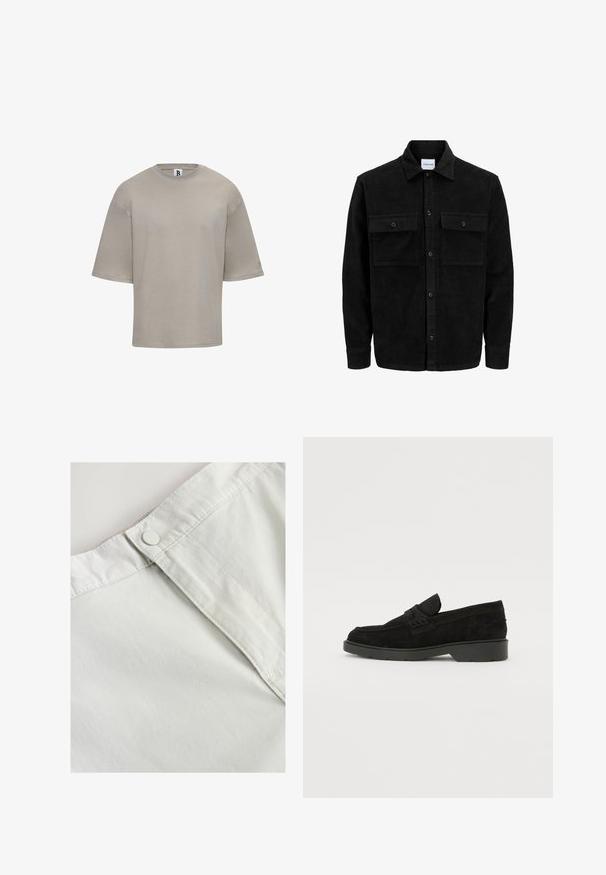 Giacca in corduroy nera con bottoni, due tasche anteriori con patta, colletto classico, maniche lunghe e texture a coste.; T-shirt a maniche corte, girocollo in cotone beige chiaro. Presenta una vestibilità rilassata, una texture liscia e un branding discreto sulla manica.; Tessuto di cotone bianco con chiusura a bottone in vita, caratterizzato da una leggera trama e dettagli cuciti lungo le cuciture.; Mocassini in suede neri con tacco basso, dotati di una semplice fascia sulla parte superiore e dettagli testurizzati lungo i lati.