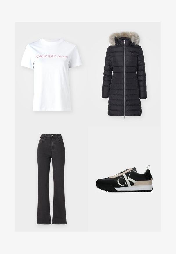 Tommy Jeans ESSENTIAL HOODED - Puhovka – plašč - black; Bela bombažna majica s kratkimi rokavi, ki na prsih nosi besedilo "Calvin Klein Jeans" v svetlo roza barvi. Ima kratke rokave in okroglo ovratnik.; Črne kavbojke s visokim pasom in razširjenimi hlačnicami, narejene iz denima, z gumbom za zapiranje, zankami za pas in stranskimi žepi. Gladka tekstura z minimalnim bledenjem.; Črne tene z bež usnjenim detajlom, belim logotipom, gumijastim podplatom in vezalkami. Imajo trpežno zgornji del in zanko za vlečenje na peti.