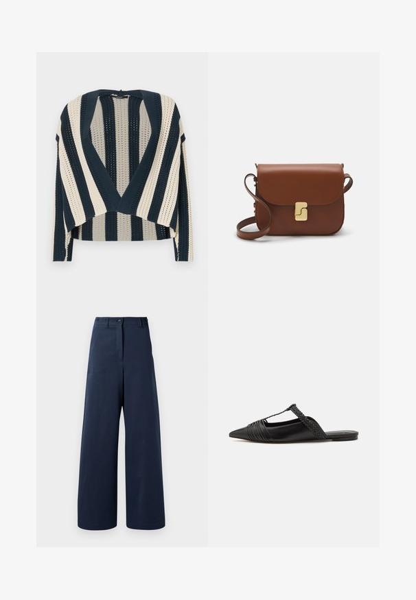 Jachetă crem, matlasată, cu guler înalt, talie ajustabilă cu șnur și un accent cu logo pe mâneca stângă. Textură netedă.; Cardigan tricotat cu dungi verticale în nuanțe de bleumarin și crem, design deschis în față, lungime scurtă și model de cusătură texturată.; Top scurt negru marin, cu decolteu rotund, dintr-un material neted, cu o croială lejeră, având un închidere discretă pe spate cu detalii minimaliste de cusătură.; Pantaloni largi de culoare bleumarin, confecționați dintr-un material neted, cu talie înaltă, dotati cu două butoane frontale, două buzunare laterale și tivuri drepte.; Pantofii din piele neagră cu curea la spate au vârful ascuțit, prezentând un accent țesut și un design superior pliat. Talpa joasă cu hardware minim.; Geantă de piele maro cu închidere tip capac, accesorii de culoare aurie, curea de umăr și o textură netedă. Formă compactă și rectangulară.