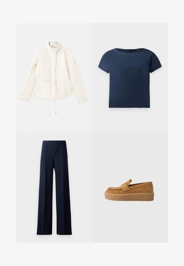 Kviltots, krēmkrāsas mētelis ar augstu apkakli, regulējamu kustīgu jostasvietu un logotipa akcentu uz kreisā piedurknes. Gluda tekstūra.; Tumši zilas krāsas īsām piedurknēm tops, apaļa kakla izgriezums, gluda auduma, brīvs piegriezums, ar niansētu aizmugurējo aizdari un minimāliem šuvju detaļām.; Platas kājas bikses tumši zilas auduma, ar gludu tekstūru, smalkiem priekšējiem krokām un saspringtu jostasvietu, kas nodrošina izsmalcinātu siluetu.; Brūni zamšādas loafers ar apaļu purngalu, ar ribotu platformas zoli un dekoratīvu siksnu pāri augšdaļai.