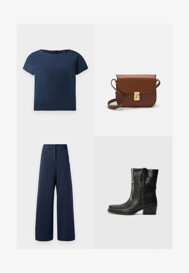 Tikkitud, kreemikaalune jakk kõrge kraega, reguleeritava nööri vöökoha ja logo detailiga vasakul varrukal. Sujuv tekstuur.; Tummblue lühikeste varrukatega pluus, ümmargune kaelus, sile kangas, lõdva lõikega, millel on tagasihoidlik tagakinnitus ja minimaalsed õmblustead.; Tumed laiad püksid, mis on valmistatud siledast kangast, kõrgendatud vöökoha ja kahe esi-nööbiga, kahte külgtaskut ja sirge lõikega alumisi servasid.; Musta nahast pahkluu saabas ümarate varvastega, plokknäppu, külgsepa ja pealsetel õmblusest aktsentidega. Sile tekstuur, klassikaline disain.; Pruunist nahast käekott, millel on klapiga sulgur, kuldne riistvara, õlarihm ja sile tekstuur. Kompaktne ristkülikukujuline vorm.