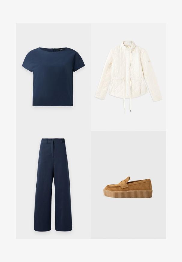 Giacca trapuntata color crema con colletto alto, vita regolabile con coulisse e una spilla con logo sulla manica sinistra. Texture liscia.; Top corto a maniche corte blu navy, scollo rotondo, tessuto morbido, vestibilità rilassata, con una chiusura sul retro discreta e minimi dettagli di cucitura.; Pantaloni a gamba larga blu navy realizzati in tessuto morbido, con vita alta, due bottoni anteriori, due tasche laterali e orli dritti.; Mocassino in suede marrone con punta rotonda, dotato di suola a piattaforma rigata e una fascia decorativa sulla parte superiore.