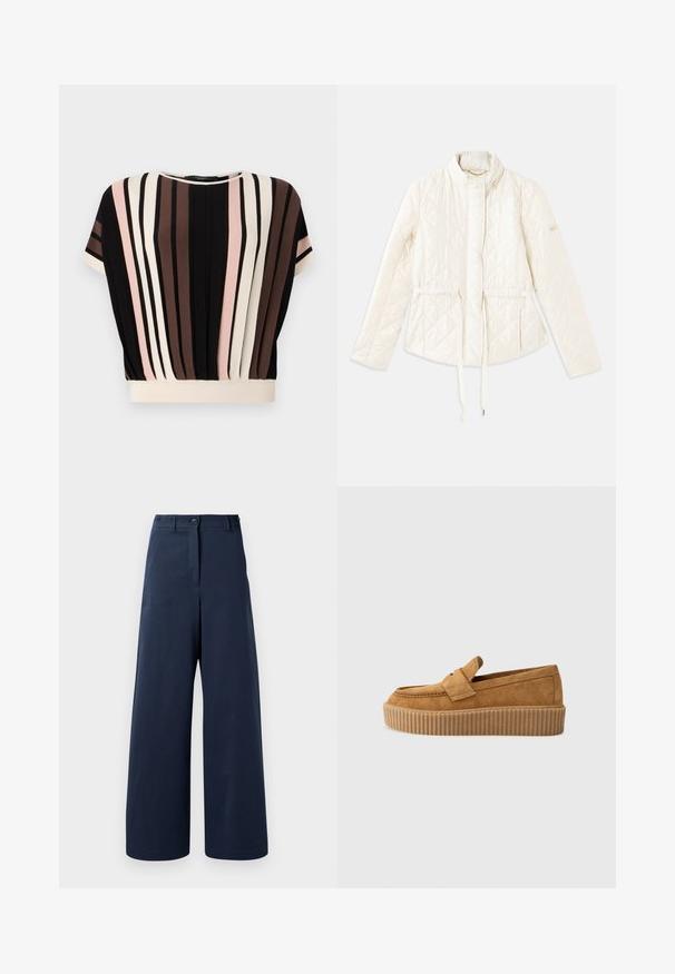 Veste matelassée de couleur crème avec un col haut, une taille réglable à cordon de serrage et un accent logo sur la manche gauche. Texture lisse.; T-shirt à manches courtes avec des rayures verticales en noir, crème, rose et marron. Présente un col rond et une coupe décontractée avec un ourlet crème.; Pantalons larges couleur marine en tissu lisse, avec une taille haute, deux boutons à l'avant, deux poches latérales et des ourlets droits.; Mocassin en daim brun à bout rond, avec une semelle plateforme striée et une bande décorative sur le dessus.