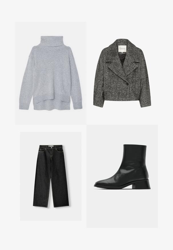 Schwarz-weißer, gestreifter Kurzmantel mit breitem Revers, Einzelknopfverschluss und zwei seitlichen Taschen. Glatte Stoffoberfläche.; Filippa K RELAXED TURTLE NECK - Strickpullover - grey melange; Schwarze Jeans mit weitem Bein aus Denim, mit fünf Taschen, metallischem Knopf und Reißverschluss und kontrastierenden gelben Nähten entlang der Nähte.; Schwarze Ankle Boots aus glänzendem Leder, mit einem eleganten Design, spitzer Zehenpartie und einem moderaten Blockabsatz für Stabilität.