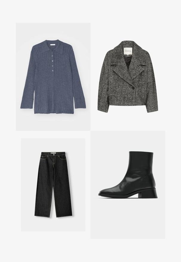 Schwarz-weißer, gestreifter Kurzmantel mit breitem Revers, Einzelknopfverschluss und zwei seitlichen Taschen. Glatte Stoffoberfläche.; Dunkelblaues, geripptes langärmliges Oberteil mit spitzem Kragen und fünf Knopfverschluss. Weicher Stoff mit lässiger Silhouette und ausladenden Ärmeln.; Schwarze Jeans mit weitem Bein aus Denim, mit fünf Taschen, metallischem Knopf und Reißverschluss und kontrastierenden gelben Nähten entlang der Nähte.; Schwarze Ankle Boots aus glänzendem Leder, mit einem eleganten Design, spitzer Zehenpartie und einem moderaten Blockabsatz für Stabilität.