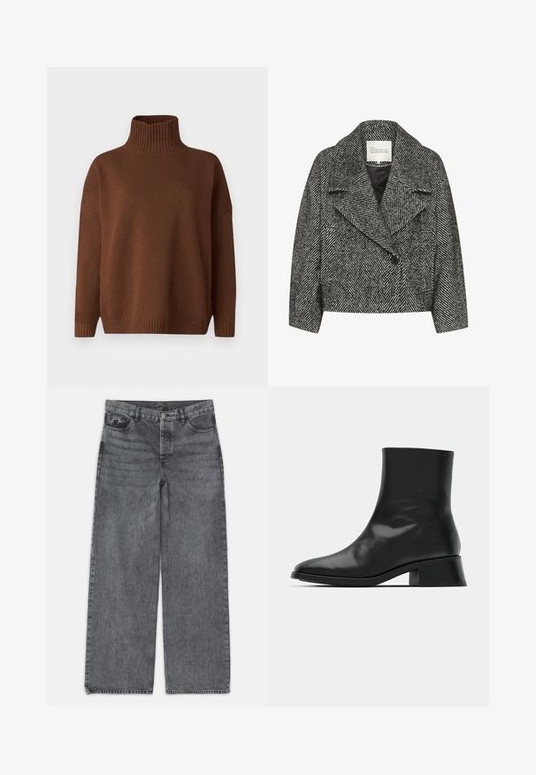 Sort og hvid chevronmønstret cropped jakke med bred krave, enkelt knaplukning og to sidelommer. Glat stofmed en blød tekstur.; WEEKEND MaxMara BORGIA - Striktrøje - cuoio; Bredde ben jeans i mørkegrå denim. Har høj talje, fem lomme design og forneden knaplukning. Glat tekstur med subtil fading.; Sort ankelstøvle lavet af blank læder, med et strømlinet design, spids tå og en moderat blokhælhøjde for stabilitet.