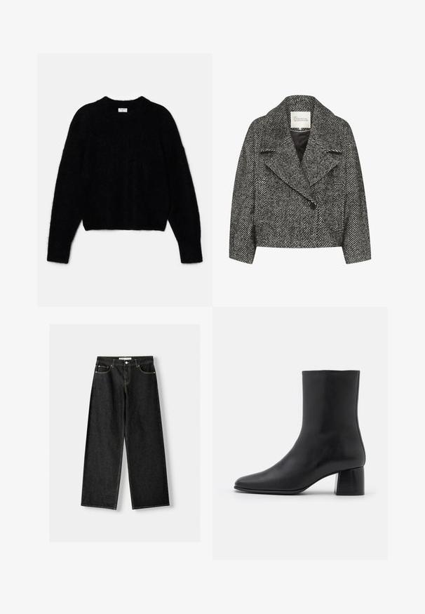 Schwarz-weißer, gestreifter Kurzmantel mit breitem Revers, Einzelknopfverschluss und zwei seitlichen Taschen. Glatte Stoffoberfläche.; Schwarzer, kurzer Pullover aus plüschigem Material. Mit einem runden Ausschnitt und langen Ärmeln mit einer weichen Textur. Minimalistisches Design, keine Muster.; Schwarze Jeans mit weitem Bein aus Denim, mit fünf Taschen, metallischem Knopf und Reißverschluss und kontrastierenden gelben Nähten entlang der Nähte.; Schwarze Leder-Ankle-Boots mit spitzer Zehenpartie und einem klobigen, quadratischen Absatz. Glatte Textur mit nahtlosem Design und minimalistischem Nähen.