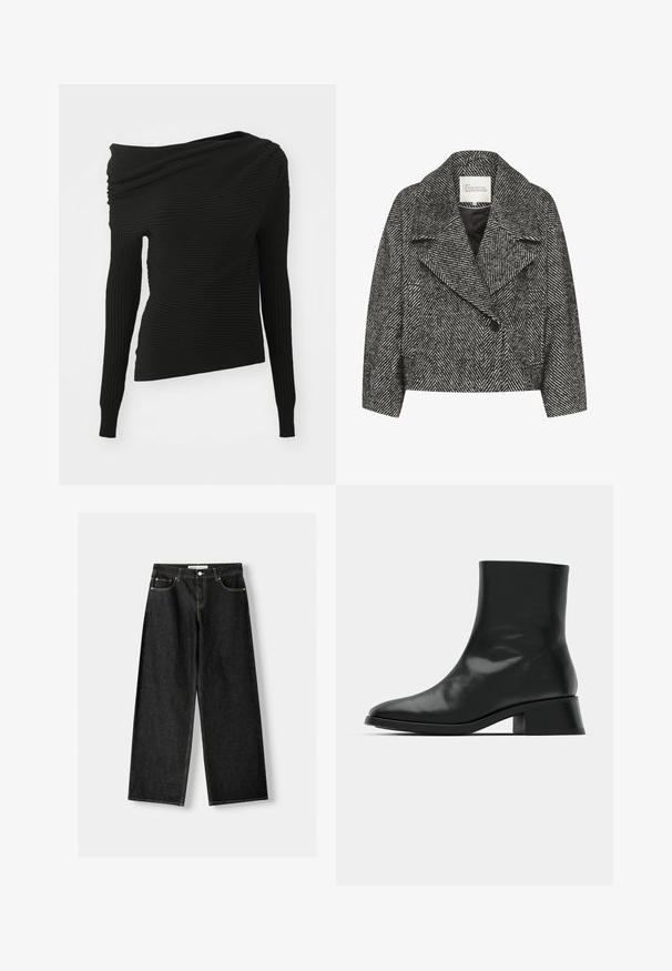 Musta-valkoinen herringbone-kuvioitu lyhyt takki, jossa on leveät kaulukset, yksittäinen napitus ja kaksi sivutaskua. Sopivan sileä kangas.; Musta pitkähihainen paita, jossa on ribbikuviointi. Epäsymmetrinen muotoilu, jossa yksi olkapää on roikkumassa. Tyköistuva siluetti ja suora helma.; Musta ribbed-t-paita, jossa on pyöreä kaula-auko ja valkoisella brodeerattu logo. Kangas on sileä ja muoto on tiivis.; Musta denimi leveälahkeiset farkut, joissa on viisi taskua, metallinappi ja vetoketju, sekä erottuva keltainen ommel saumoissa.; Mustan nilkkuri kiiltävästä nahasta, jossa on tyylikäs muotoilu, terävä kärki ja kohtalaisen tukevat korkeat korot vakautta varten.