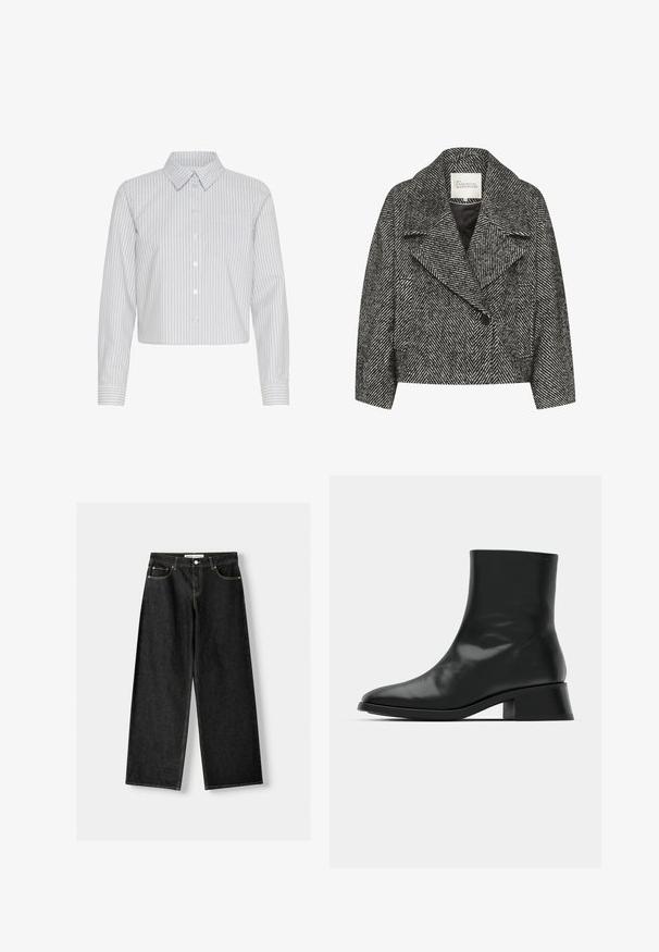 Schwarz-weißer, gestreifter Kurzmantel mit breitem Revers, Einzelknopfverschluss und zwei seitlichen Taschen. Glatte Stoffoberfläche.; Gekürzte Hemdbluse in Weiß mit vertikalen Navy-Streifen, mit Kragen und einer einzelnen Brusttasche. Lange Ärmel mit Manschettendetails.; Schwarzes, geripptes Tanktop mit rundem Ausschnitt und weißem, gesticktem Logo. Es zeichnet sich durch eine taillierte Silhouette und einen sauberen, geraden Saum aus.; Schwarze Jeans mit weitem Bein aus Denim, mit fünf Taschen, metallischem Knopf und Reißverschluss und kontrastierenden gelben Nähten entlang der Nähte.; Schwarze Ankle Boots aus glänzendem Leder, mit einem eleganten Design, spitzer Zehenpartie und einem moderaten Blockabsatz für Stabilität.