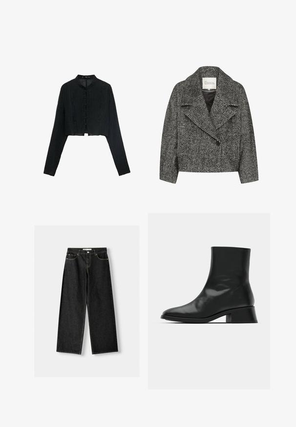 Palton scurt cu model în herringbone alb-negru, cu rever lat, închidere cu un singur nasture și două buzunare laterale. Textură de țesătură netedă.; Jachetă neagră scurtă cu mâneci lungi, țesătură texturată, guler mandarin și nasturi decorativi sub formă de noduri pe partea din față.; Top de tip tank black cu farfurie rotundă, având un logo brodat alb. Materialul are o textură netedă și o formă ajustată.; Blugi largi din denim negru, cu cinci buzunare, închidere cu buton metalic și fermoar, și cusături galbene contrastante de-a lungul cusăturilor.; Cizma neagră până la gleznă, din piele lucioasă, cu un design elegant, vârf ascuțit și un toc bloc moderat pentru stabilitate.