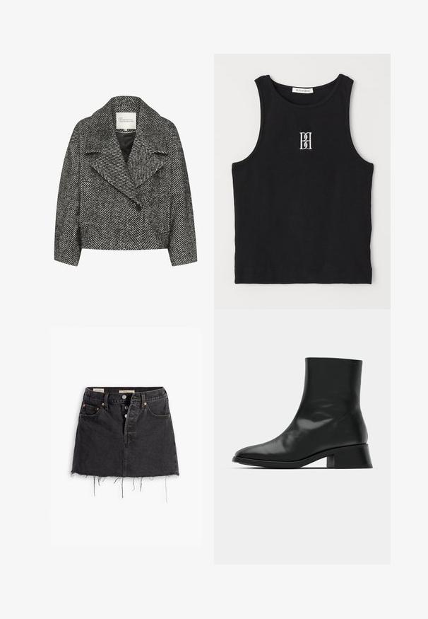 Svartvit fiskbensmönstrad kort jacka med bred krage, en knappstängning och två sidofickor. Slät tygtextur.; Svart ribbad linne med rund halsringning och broderad logotyp i vitt. Tyg med en mjuk textur och en åtsittande passform.; Svart denimkjol med fransad nederkant, framknäppning och två sidfickor. Har kopparfärgad hårdvara och en figurnära siluett.; Svart ankelboot i glänsande läder, med en smäcker design, spetsig tå och en måttlig blockklack för stabilitet.