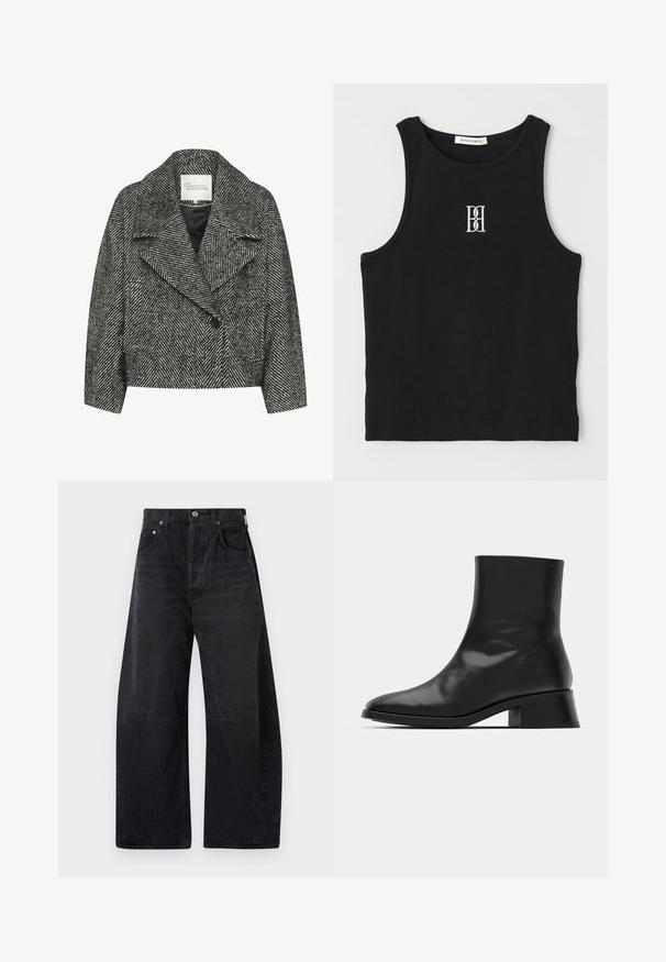 Abrigo cortado de patrón espiga en blanco y negro con solapa ancha, cierre de un solo botón y dos bolsillos laterales. Textura de tejido suave.; Top de tirantes negro con textura acanalada, presenta un cuello redondo y un logo bordado en blanco. La tela tiene una textura suave y una forma ajustada.; Citizens of Humanity HORSESHOE - Vaqueros boyfriend - black; Botín negro de tobillo hecho de cuero brillante, con un diseño elegante, punta afilada y un tacón bloque moderado para mayor estabilidad.