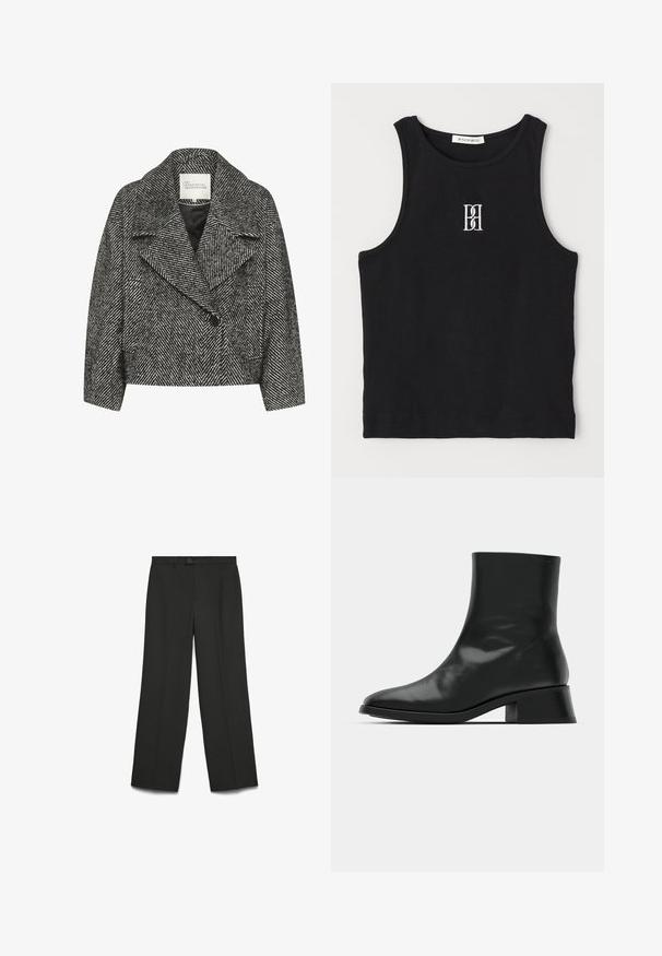 Črno-bela plašč s herringbone vzorcem, skrajšan kroj, širok ovratnik, zapiranje z enim gumbom in dvema stranskima žepoma. Gladka tekstura tkanine.; Črna rebrasta majica brez rokavov z okroglim izrezom in vezenim logotipom v beli barvi. Tkanina ima gladko teksturo in prilagojeno obliko.; Črne široke hlače iz gladkega materiala; z gumbnim zapiranjem, ravnim sprednjim delom in dvema stranskima žeparjema. Krojenje je prilagojeno, brez vzorcev.; Črne gležnjarje iz sijoče usnjene kože odlikuje eleganten dizajn, usnjena konica in zmeren blok peto za stabilnost.