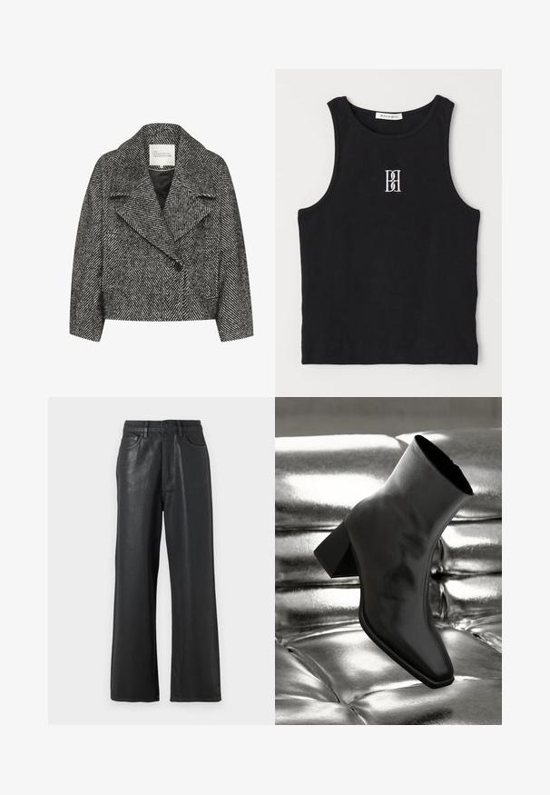 Black and white herringbone patterned cropped coat with a wide lapel, single button closure, and two side pockets. Smooth fabric texture.; Black ribbed tank top featuring a round neckline and embroidered logo in white. Fabric has a smooth texture with a fitted shape.; Black wide-leg trousers made from a glossy material. Features a button closure, belt loops, and front pockets with a smooth texture.; Black ankle boot made of glossy material with a square toe and tapered heel, set against a shiny silver tufted background.