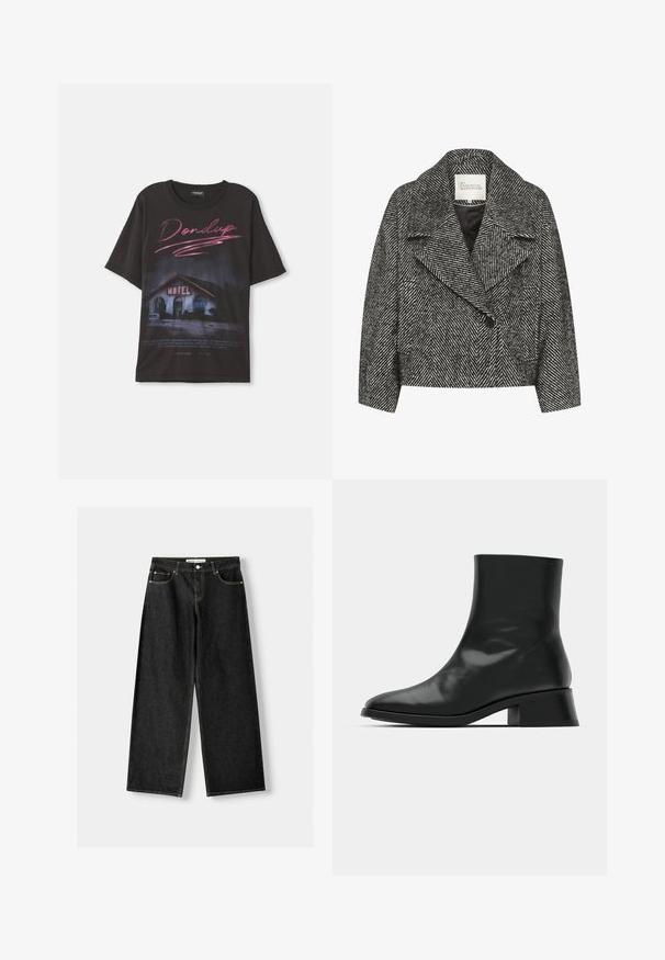 Palton scurt cu model în herringbone alb-negru, cu rever lat, închidere cu un singur nasture și două buzunare laterale. Textură de țesătură netedă.; Tricou negru cu un grafic al unui motel, cu text roz și alb. Mâneci scurte și croială lejeră, fabricat din bumbac. Textul include numele brandului.; Blugi largi din denim negru, cu cinci buzunare, închidere cu buton metalic și fermoar, și cusături galbene contrastante de-a lungul cusăturilor.; Cizma neagră până la gleznă, din piele lucioasă, cu un design elegant, vârf ascuțit și un toc bloc moderat pentru stabilitate.