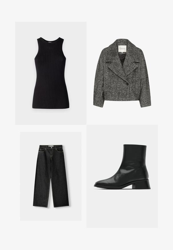 Sort og hvid chevronmønstret cropped jakke med bred krave, enkelt knaplukning og to sidelommer. Glat stofmed en blød tekstur.; Sort ærmeløs top med ribbet tekstur, rund halsudskæring, tætsiddende pasform og en glat overflade. Letvægts strikstof.; Sorte denim bukser med bred ben, der har fem lommer, metalknap og lynlås lukning samt kontrasterende gul syning langs sømmene.; Sort ankelstøvle lavet af blank læder, med et strømlinet design, spids tå og en moderat blokhælhøjde for stabilitet.