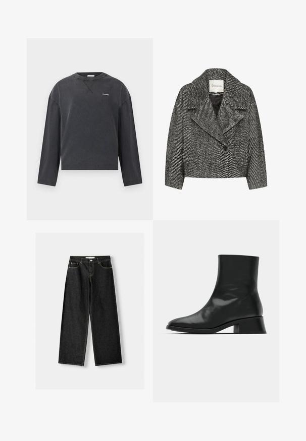 Cappotto corto a righe a zig-zag bianco e nero con ampio risvolto, chiusura a singolo bottone e due tasche laterali. Tessuto dalla texture liscia.; CLOSED CREWNECK LONGSLEEVE - Maglietta a manica lunga - black; Jeans larghi in denim nero con cinque tasche, chiusura con bottone metallico e zip, e cuciture gialle a contrasto lungo le cuciture.; Stivale alla caviglia nero realizzato in pelle lucida, con un design elegante, punta affilata e un tacco a blocco moderato per stabilità.