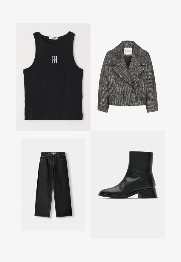 Sort og hvid chevronmønstret cropped jakke med bred krave, enkelt knaplukning og to sidelommer. Glat stofmed en blød tekstur.; Sort ribbet tanktop med rund hals og hvidt broderet logo. Stoffet har en glat tekstur med en tætsiddende form.; Sorte denim bukser med bred ben, der har fem lommer, metalknap og lynlås lukning samt kontrasterende gul syning langs sømmene.; Sort ankelstøvle lavet af blank læder, med et strømlinet design, spids tå og en moderat blokhælhøjde for stabilitet.