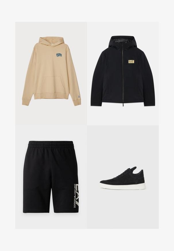 Μαύρο μπουφάν με μόνωση και κουκούλα, με χρυσό λογότυπο, μπροστινό φερμουάρ και πλαϊνές τσέπες. Λείος υφασμάτινος τύπος με μινιμάλ σχέδιο.; Μπέζ φούτερ με κουκούλα από μαλακό βαμβάκι, με μπροστινή τσέπη και κεντημένο λογότυπο "Billionaire Boys Club" σε μπλε χρώμα.; EA7 Emporio Armani TRAIN VISIBILITY - Σορτς - black/cream; Μαύρο σουέτ αθλητικό παπούτσι με λευκή καουτσούκ σόλα, με τόνο ραφές και σχέδιο με κορδόνια. Λείος υφή με μοντέρνα, αεροδυναμική γραμμή.