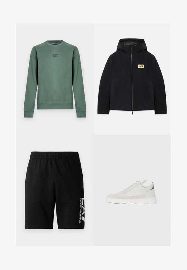 Melnā izolētā jaka ar kapuci, kurai ir zelta logotips, priekšējā rāvējslēdzēja spraude un sānu kabatas. Gluda tekstūra ar minimālistisku dizainu.; Zaļš džemperis ar garām piedurknēm, apaļu kakla izgriezumu, ribotām aprocēm un apakšu, kā arī nelielu melnu EA7 logotipu priekšpusē. Mīksts auduma uzsitiens.; EA7 Emporio Armani TRAIN VISIBILITY - Šorti - black/cream; Baltas ādas sporta apavi ar pelēka zamšādas akcentiem, saistoša dizaina, ar vilkšanas cilpu un teksturētu gumijas zoli, kas raksturojas ar zigzag rakstu.