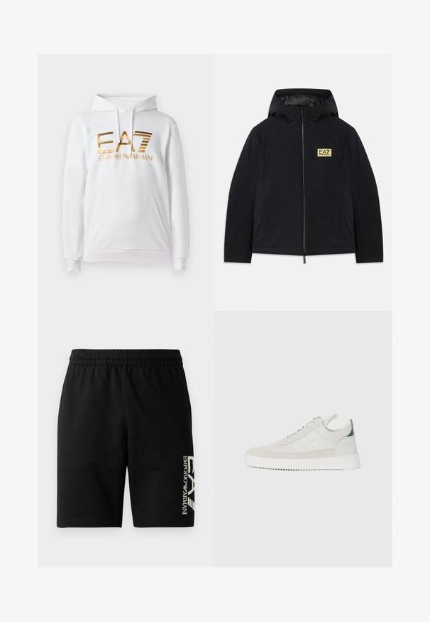 Čierna izolovaná bunda s kapucňou, s nápadným zlatým logom, predným zipsom a bočnými vreckami. Hladká textura s minimalistickým dizajnom.; Biely mikina s predným vreckom, s kovovým zlatým logom "EA7 EMPORIO ARMANI". Mäkko tkaniny a rebrované manžety.; EA7 Emporio Armani TRAIN VISIBILITY - Šortky - black/cream; Biele kožené tenisky s šedými semišovými akcentmi, viazanie, pútko na päte a textúrovaná gumová podrážka s cik-cak vzorom.