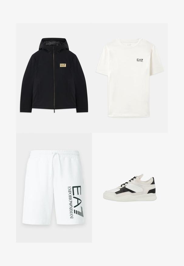Černá zateplená bunda s kapucí, s zlatým logem, předním zipem a bočními kapsami. Hladká textura s minimalistickým designem.; Bílá bavlněná trička s krátkými rukávy, kulatým výstřihem a malým černým logem EA7 na levé části hrudi. Hladká textura, standardní střih.; Bílé bavlněné šortky s pružným pasem a šňůrkou. Na levé straně zeleně potištěné logo "EA7 EMPORIO ARMANI".; Bílé a černé tenisky vyrobené z kůže a semišového materiálu, s perforovaným designem, šněrováním a texturovanou bílou podrážkou.