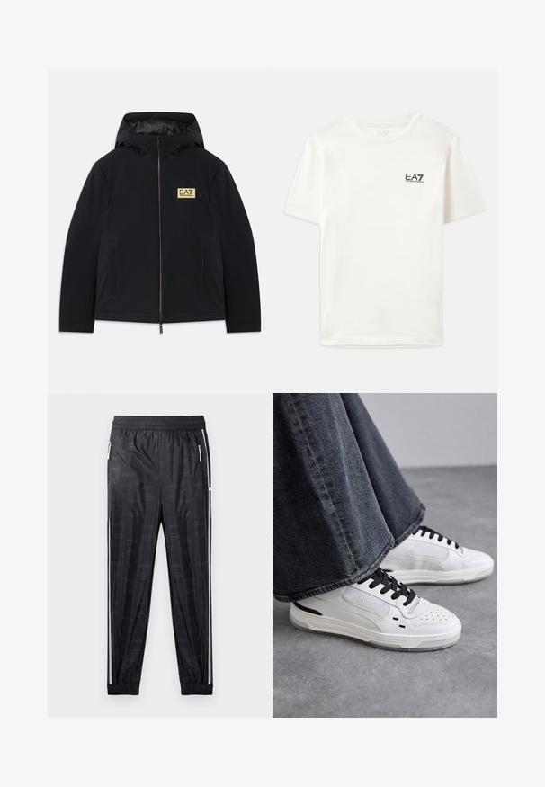 Black insulated jacket with a hood, featuring a gold logo, front zipper, and side pockets. Smooth texture with a minimalist design.; White cotton t-shirt with short sleeves, a crew neck, and a small black EA7 logo on the left chest. Smooth texture, standard fit.; Black athletic pants with a glossy finish, featuring a subtle logo pattern, elastic waistband, and side zip pockets with white accents.; White sneakers with black laces and mesh detailing. Features a smooth leather upper and a textured rubber sole. Paired with wide-leg grey jeans.