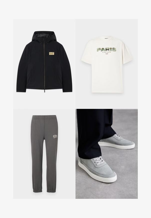 Melnā izolētā jaka ar kapuci, kurai ir zelta logotips, priekšējā rāvējslēdzēja spraude un sānu kabatas. Gluda tekstūra ar minimālistisku dizainu.; Balti kokvilnas T-krekls ar lielu grafisku apdruku "PARIS" kamuflāžas dizainā. Īsās piedurknes un apaļš dekoltē. Ikdienišķs, brīvs pieskaņojums.; Pelēki sporta bikses ar elastīgu jostasvietu, sašaurinātiem uzmaviem un nelielu baltu logo "Billionaire Boy Club" kreisajā augšstilbā.; Pelēki zamšādas kedas ar baltām gumijas zolēm, ar auklēm, noapaļotu purngalu un smalkajiem šuvumiem, valkātas ar melnām biksēm.
