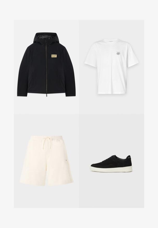 Chaqueta aislante negra con capucha, que presenta un logo dorado, cierre frontal y bolsillos laterales. Textura suave con un diseño minimalista.; Camiseta blanca de algodón con mangas cortas, cuello redondo y un pequeño logo gris en el lado izquierdo del pecho. Textura suave.; Pantalones cortos color crema hechos de un tejido suave, con una cintura elástica con cordón, bolsillos laterales y un corte relajado.; Zapatilla de ante negra con diseño de cordones y suela de goma blanca contrastante. Presenta paneles laterales texturizados y un sutil logo en el talón.