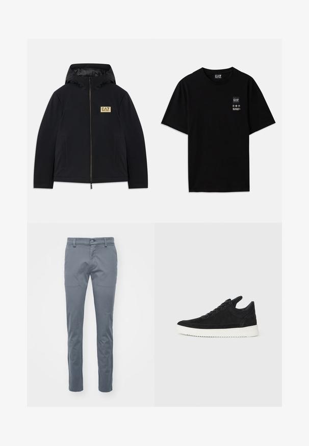 Giacca nera isolante con cappuccio, dotata di un logo dorato, zip frontale e tasche laterali. Texture liscia con un design minimalista.; T-shirt nera in cotone con maniche corte, collo a giro e un piccolo etichetta con logo sul davanti che presenta simboli di cura bianchi.; Pantaloni grigi su misura realizzati in tessuto tessuto, con fronte piatto, vita standard con passanti per cintura e gambe dritte a vestibilità slim.; Sneaker in suede nero con suola in gomma bianca, caratterizzato da cuciture tonali e design con lacci. Texture liscia con una forma moderna e aerodinamica.