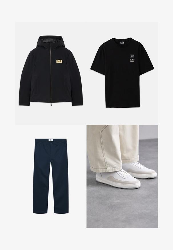 Jacketa neagră izolată cu glugă, având un logo auriu, fermoar frontal și buzunare laterale. Textură netedă cu un design minimalist.; Tricou negru din bumbac, cu mâneci scurte, guler rotund și un mic eticheta cu logo pe față, având simboluri de îngrijire în alb.; Chinos din bumbac de culoare bleu marin, cu croială dreaptă, prezentând un închidere cu buton frontal, două buzunare laterale și un design minimalist.; Tenisi albi cu superior din piele netedă, accente din suede bej, sireturi plate și o talpă din cauciuc texturat, asortați cu pantaloni largi de culoare deschisă.