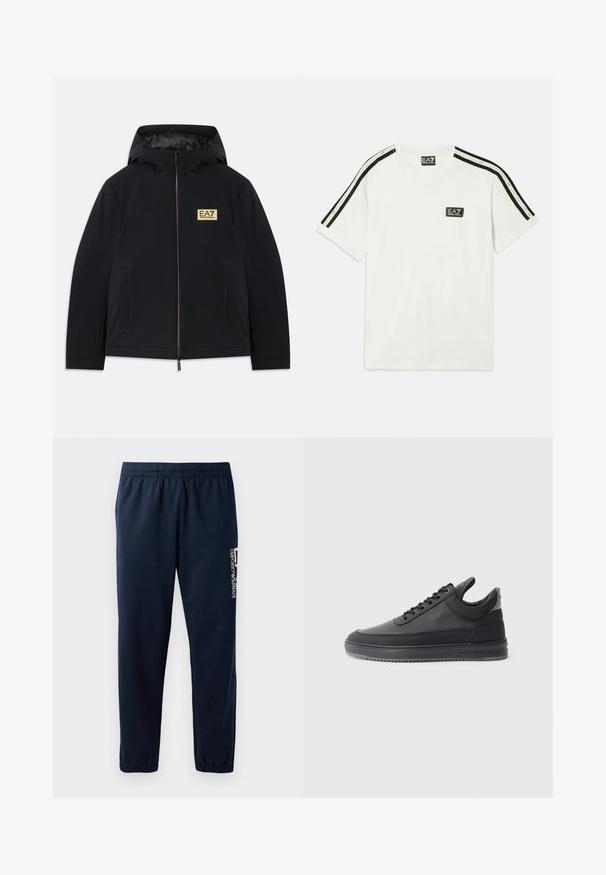 Juodas šiltas džemperis su gobtuvu, su auksiniu logotipu, priekiniais užtrauktukais ir šoniniais kišeniais. Sklandžios tekstūros ir minimalistinio dizaino.; Balta medvilninė marškinėliai su apvaliu kaklu, trumpomis rankovėmis, juodais akcentiniais dryžiais ant pečių ir mažuoju EA7 logotipu ant krūtinės.; Tamsiai mėlynos sportinės kelnės su elastinga juosta, siaurėjantys kojų modeliai ir baltas logotipas šone. Švelni medžiaga su lengvu audiniu.; Juodos odinės sportbačiai su tekstūruotu paviršiumi, su raišteliais, žemu kraštu ir pilku guminio pado kraštu su grioveliais.