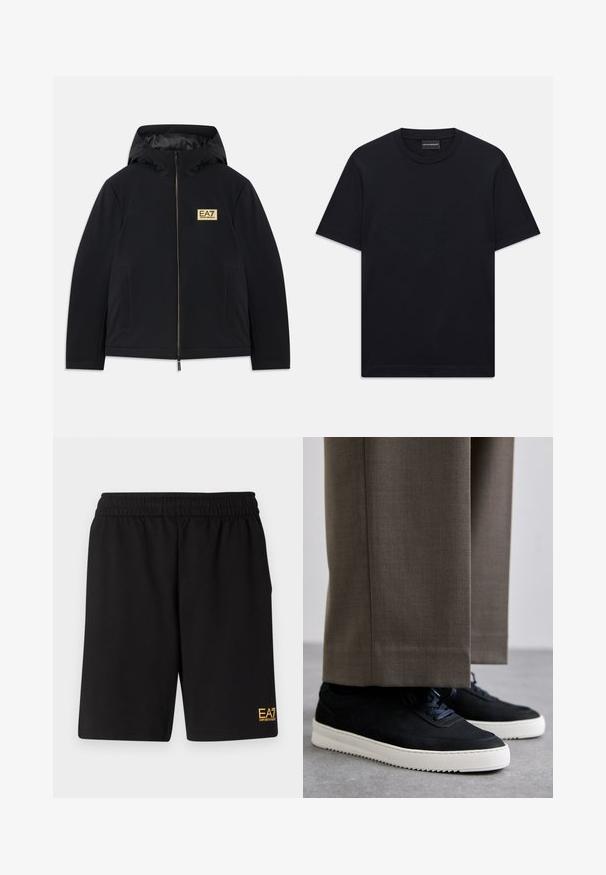 Juodas šiltas džemperis su gobtuvu, su auksiniu logotipu, priekiniais užtrauktukais ir šoniniais kišeniais. Sklandžios tekstūros ir minimalistinio dizaino.; Juoda trumpo rankovės marškinėliai su apvalia iškirpte, su subtiliu iškilniu logotipo dizainu viduryje krūtinės ir ženklu vidinėje apykaklės pusėje.; Juoda sportinė šortai, pagaminti iš minkštos medžiagos, su elastingu diržu ir maža geltona EA7 logo apatinėje kairėje kojoje.; Juodi zomšiniai sportbačiai su baltais guminiais padais, su apvalia nosimi ir raišteliais, dėvimi su pilkais pritaikytais kelnais.