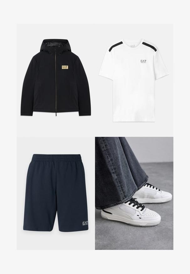 Juodas šiltas džemperis su gobtuvu, su auksiniu logotipu, priekiniais užtrauktukais ir šoniniais kišeniais. Sklandžios tekstūros ir minimalistinio dizaino.; Balta trumpomis rankovėmis marškinėliai su juodais akcentais ant pečių. Ant krūtinės yra mažas juodas logotipas. Pagaminti iš minkštos, lygaus audinio.; Tamsiai mėlynos elastingos juostos šortai, pagaminti iš minkštos medžiagos, turi šonines kišenes ir mažą baltą EA7 logotipą apatinėje kairėje kojoje.; Balsuoti baltieji sportbačiai su juodomis raištelėmis ir tinklo detalėmis. Turintys lygią odinę viršutinę dalį ir tekstūruotą gumos padą. Su plačiais pilkais džinsais.