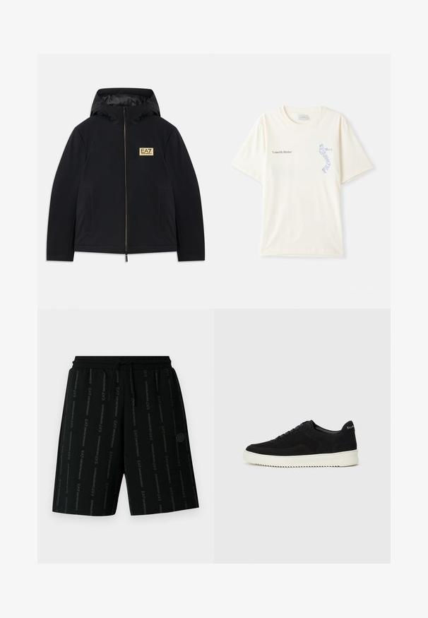 Svart isolert jakke med hette, med et gullfarget logo, fremre glidelås og sidelommer. Glatt tekstur med minimalistisk design.; Hvit bomull t-skjorte med korte ermer, med teksten "United By Rhythm" i svart og blå grafikk på brystet. Rund halsdesign.; Svarte treningsshorts med elastisk midjebånd og snor. Med et gjentakende trykt logo i en kontrasterende nyanse over stoffet.; Svart semsket sneakers med snøring og kontrasterende hvit gummisåle. Har teksturerte sidepaneler og subtil merkevare på hælen.