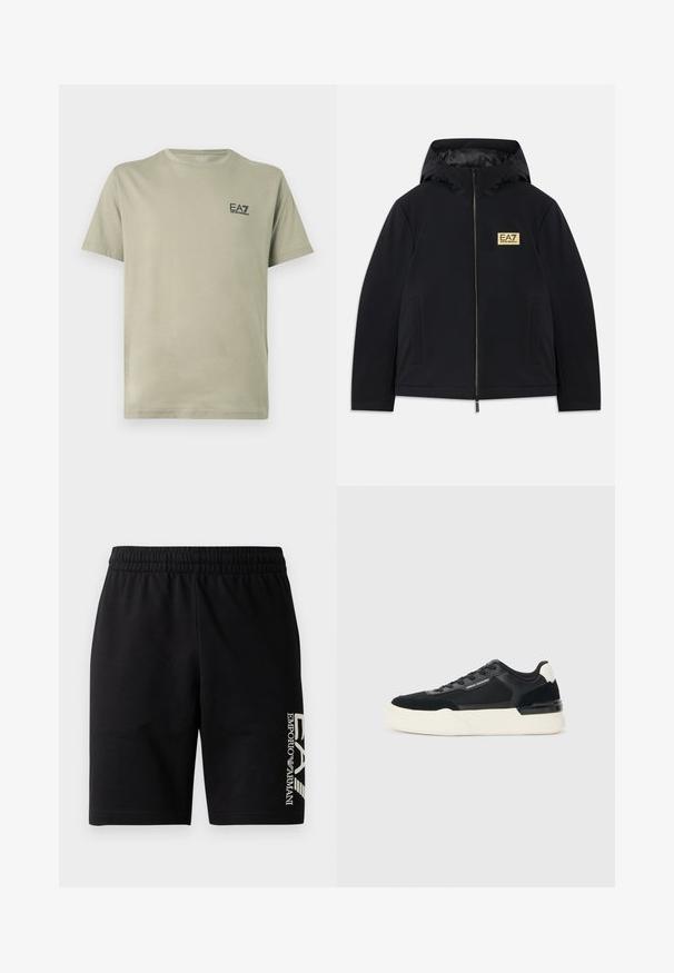Melnā izolētā jaka ar kapuci, kurai ir zelta logotips, priekšējā rāvējslēdzēja spraude un sānu kabatas. Gluda tekstūra ar minimālistisku dizainu.; Olivzaļš kokvilnas T-krekls ar apaļu apaļu kakla izgriezumu un īsām piedurknēm. Priekšpusē neliels melns EA7 logotips.; EA7 Emporio Armani TRAIN VISIBILITY - Šorti - black/cream; Melnas sporta kurpes, kas izgatavotas no sieta un ādas, ar biezām baltām zoles un kontrastējošiem akcentiem. Mežģīņu un logo detaļa sānos.