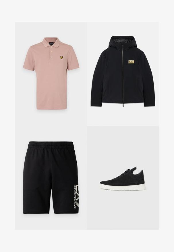 Čierna izolovaná bunda s kapucňou, s nápadným zlatým logom, predným zipsom a bočnými vreckami. Hladká textura s minimalistickým dizajnom.; Polo tričko, svetlo ružové, vyrobené z bavlny. Má tri gombíky na zapínaní a žlté vyšívané logo na hrudi. Krátke rukávy, voľný strih.; EA7 Emporio Armani TRAIN VISIBILITY - Šortky - black/cream; čierne semišové tenisky s bielou gumovou podrážkou, s tonálnym prešívaním a šnurovaním. Hladká textúra s moderným, zjednodušeným tvarom.