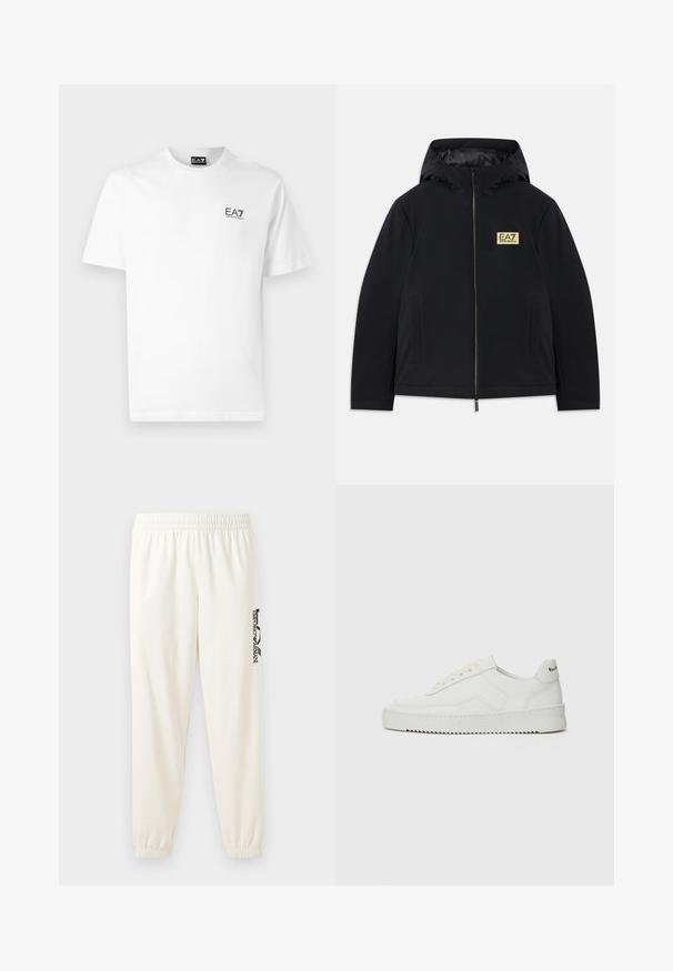 Černá zateplená bunda s kapucí, s zlatým logem, předním zipem a bočními kapsami. Hladká textura s minimalistickým designem.; Bílý bavlněný tričko s kulatým výstřihem, krátkými rukávy a černým logem EA7 na levé straně hrudi. Hladká, jednobarevná textura.; Svetle béžové tepláky s elastickým pasem a elastickými manžetami. Na levé noze je černý tištěný logo. Měkká textura látky.; Bílé kožené tenisky s hladkým povrchem, kulatou špičkou, plochými tkaničkami a texturovanou podrážkou. Na patě se nachází nenápadné logo.