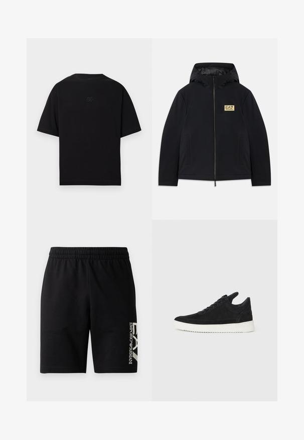 Svart isolerad jacka med huva, med en guldig logotyp, framdragkedja och sidofickor. Slät yta med en minimalistisk design.; Svart T-shirt med korta ärmar gjord av bomull. Har en rund halsringning och en subtil broderad logotyp på bröstet. Slät textur.; EA7 Emporio Armani TRAIN VISIBILITY - Shorts - black/cream; Svart mockaskor med en vit gummisula, som har ton-i-ton-sömmar och snörningsdesign. Slät textur med en modern, strömlinjeformad form.