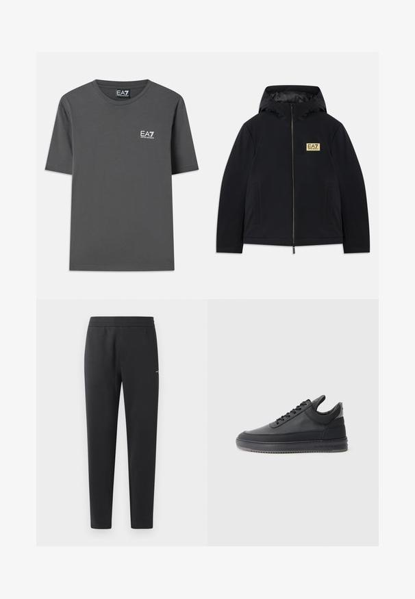 Svart isolert jakke med hette, med et gullfarget logo, fremre glidelås og sidelommer. Glatt tekstur med minimalistisk design.; Grå bomulls-T-skjorte med korte ermer, rund hals og liten hvit logo på venstre bryst. Jevn tekstur og standard passform.; Sorte joggebukser laget av myk stoff, med elastisk midjebånd, rette ben og en liten logo detalj på siden.; svarte lær sneakers med en teksturert overflate, snøring, lav topp, og en grå gummi såle med en ribbet kant.