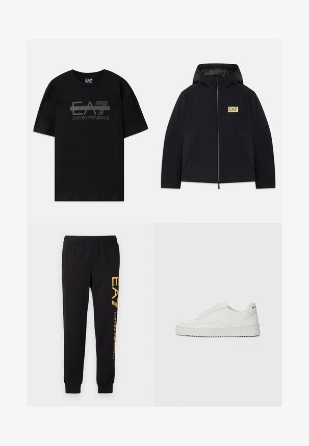 Juodas šiltas džemperis su gobtuvu, su auksiniu logotipu, priekiniais užtrauktukais ir šoniniais kišeniais. Sklandžios tekstūros ir minimalistinio dizaino.; Juodas medvilninis marškinėliai su apvaliu kaklu ir trumpomis rankovėmis. Priekį puošia blizgus juodas logotipas "EA7 EMPORIO ARMANI".; Juodi sportiniai džinsai pagaminti iš minkštos medžiagos, su elastinga juosmens linija ir įvarstytais kulkšniais. Geltonas ženklinimas vertikaliai spausdintas kairėje kojoje.; Balti odiniai sportiniai bateliai su lygia apdaila, apvaliu pirštu, plokščiais raišteliais ir tekstūruotu padu. Pasižymi subtiliu logotipu ant kulno.