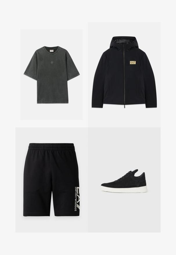 Melnā izolētā jaka ar kapuci, kurai ir zelta logotips, priekšējā rāvējslēdzēja spraude un sānu kabatas. Gluda tekstūra ar minimālistisku dizainu.; Pelēka kokvilnas T-kreklu ar brīvu piegriezumu, īsām piedurknēm un apaļu kakla izgriezumu. Uz krūtīm ir neliels logo. Gluda tekstūra.; EA7 Emporio Armani TRAIN VISIBILITY - Šorti - black/cream; Melna zamša apavi ar baltu gumijas zoli, ar tonālu izšuvumu un auklu dizainu. Gluda tekstūra ar mūsdienīgu, plūstošu formu.