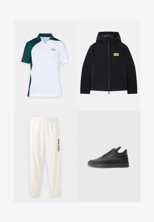 Svart isolert jakke med hette, med et gullfarget logo, fremre glidelås og sidelommer. Glatt tekstur med minimalistisk design.; Kortermet polo skjorte med grønn krage og sidepaneler, hvit kropp og teksturert stoff. Viser EA7-logoen på brystet.; Lys beige joggebukser med elastisk midjebånd og elastiske mansjetter. Har en svart trykt logo på venstre ben. Myk stoffkvalitet.; svarte lær sneakers med en teksturert overflate, snøring, lav topp, og en grå gummi såle med en ribbet kant.
