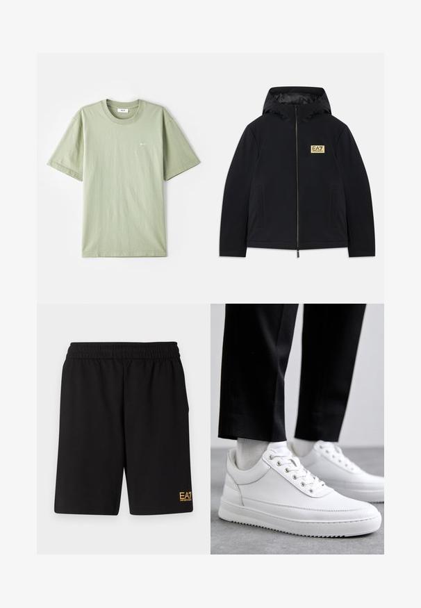 Black insulated jacket with a hood, featuring a gold logo, front zipper, and side pockets. Smooth texture with a minimalist design.; Light green cotton t-shirt with short sleeves, crew neck, and small white logo on the chest. Soft texture, casual fit, and minimal design.; Black athletic shorts made of soft fabric,Featuring an elastic waistband and a small yellow EA7 logo on the lower left leg.; White leather sneakers with a flat rubber sole, featuring a smooth finish, round toe, and metal eyelets for laces. Worn with black pants.